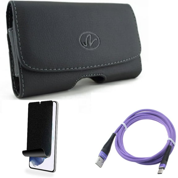 For Samsung Galaxy S21 (6.2") - Swivel Leather Case Belt Clip   [Fingerprint Works] TPU Film Privacy Screen Protector   Type-C Purple 6ft USB Cable