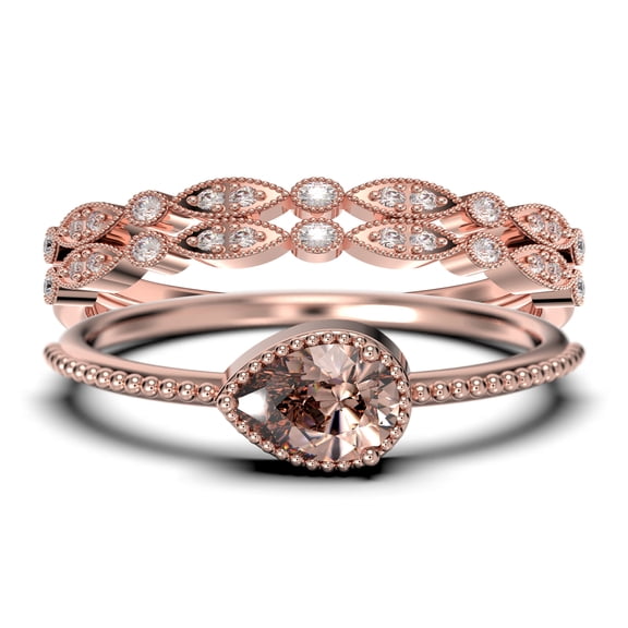 Minimalist 2.10 Carat Pear Cut Morganite And Diamond Moissanite Classic Engagement Ring, Modern Wedding Ring in 10k Solid Rose Gold, Promise Ring, Dainty Ring, Anniversary Ring, Trio Rings Set