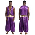 thumbnail image 3 of Disfraz de Príncipe árabe indio para hombre, chaleco antimanchas, chaleco curvo con ribete dorado brillante, frente abierto, pantalones largos con farol, 3 of 5