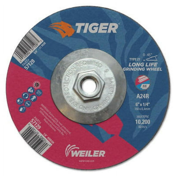 Weiler Tiger Grinding Wheels, 6 in Dia., 1/4 in Thick, 24 Grit, Aluminum Oxide - 10 EA (804-57128)