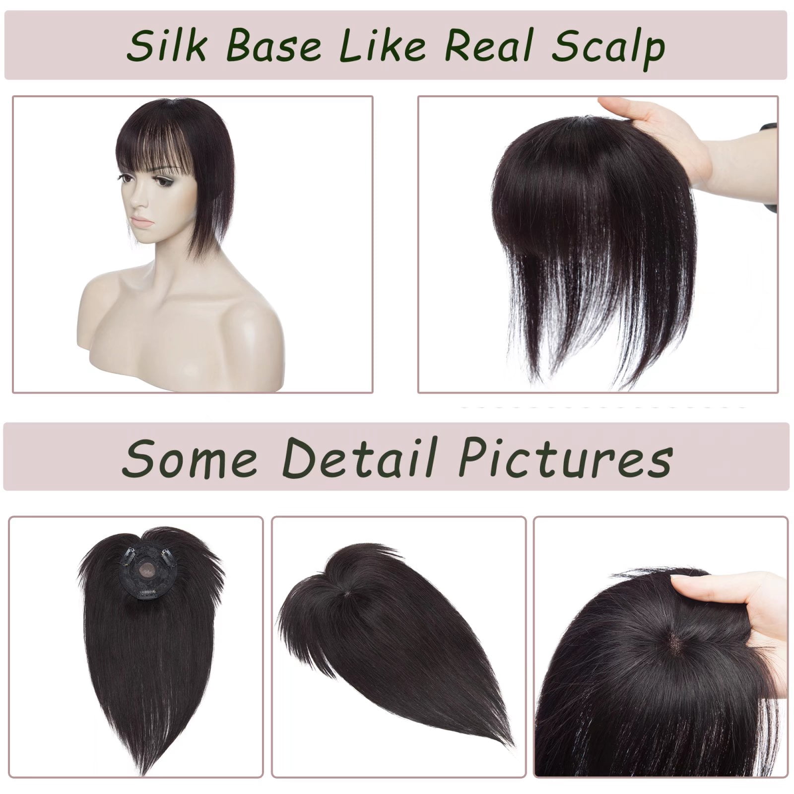 MY-LADY Hair Toppers for Women Real Human Hair with Bangs 3 Clip In Remy Topper Hairpiece for Thin Hair Natural Looking Hair Extensions 12inch #1B Natural Black