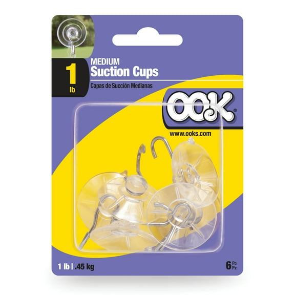 Ook Suction Cup Hooks, Suction Cup Hangers, Medium, 1 lbs, PVC, Clear, 6 pack