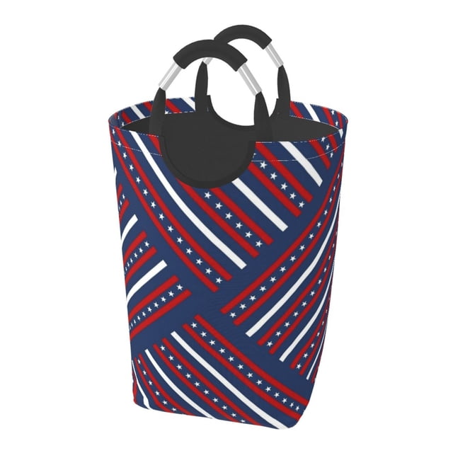 DouZhe 50L Rectangular Laundry Basket, Patriotic Red White Blue Stripes Prints Waterproof Foldable Laundry Hamper with Aluminum Handles