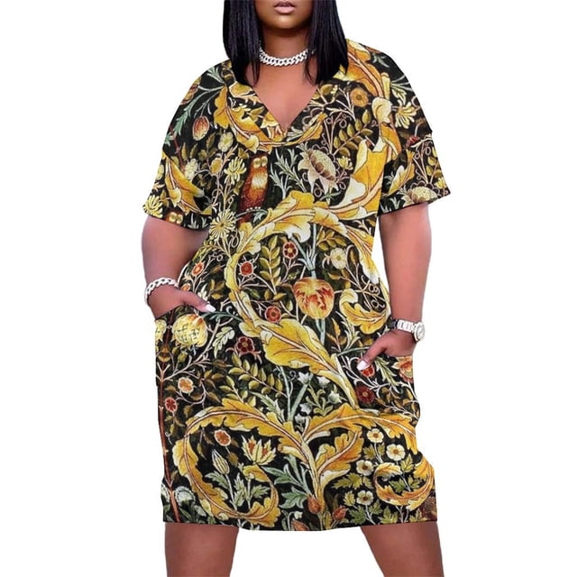 OWL ON ACANUS-vestido de verano para mujer traje holgado con bolsillos hojas y flores amarillo y marrón falda de graduación