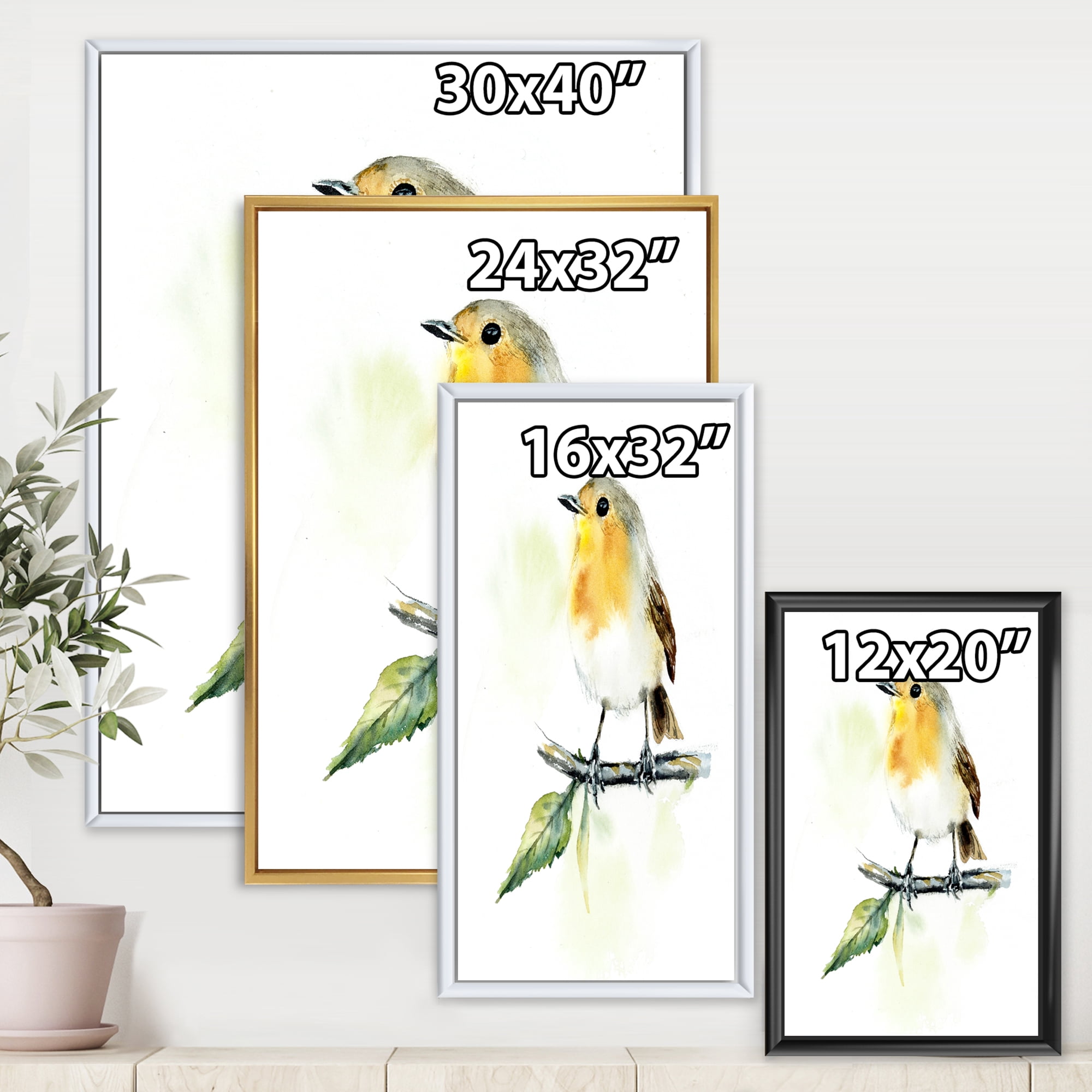 Designart 'Little Robin Bird Sitting On A Branch' Traditional Framed Canvas Wall Art Print