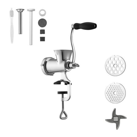KFFKFF Manual Meat Grinder, 304 Stainless Steel Hand-Cranked Mincer with Table Clamp, Sausage Maker with Two Cutting Plates and Sausage Tube, Food Processor for Beef, Pork, and Chili Preparation