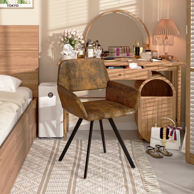 Homy Casa Set of 2 Vanity Chairs with Armrests, Swivel Seat and Faux Leather Upholstery, Modern Metal Legs, Brown Faux Suede