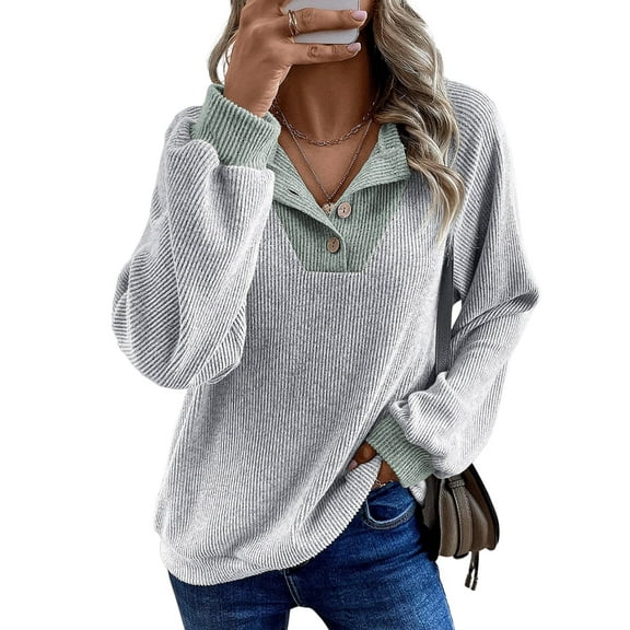 SHEWIN Womens Sweatshirt Ribbed Texture Button Up V Neck Sweatshirts Long Sleeve Patchwork Shirts Casual Fall Pullover Tops