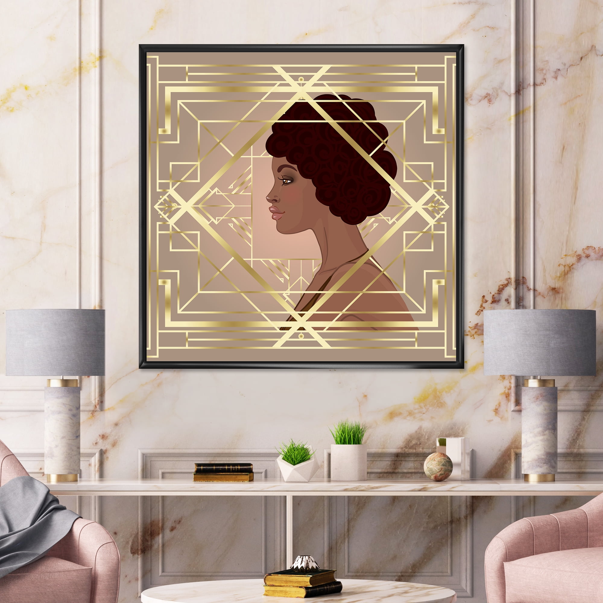 Designart 'Retro Girl In Golden Art Deco Geometrics II' Modern Framed Canvas Wall Art Print