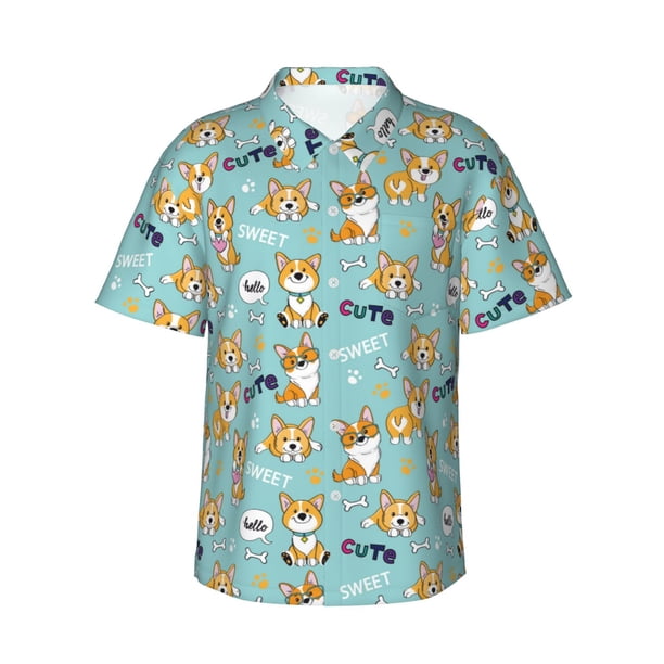 Fotbe Cute Dogs Corgi Camisa Hawaiana para Hombre Unisex – Camisa Casual de Verano con Botones de Manga Corta de Algodón y Lino,Large