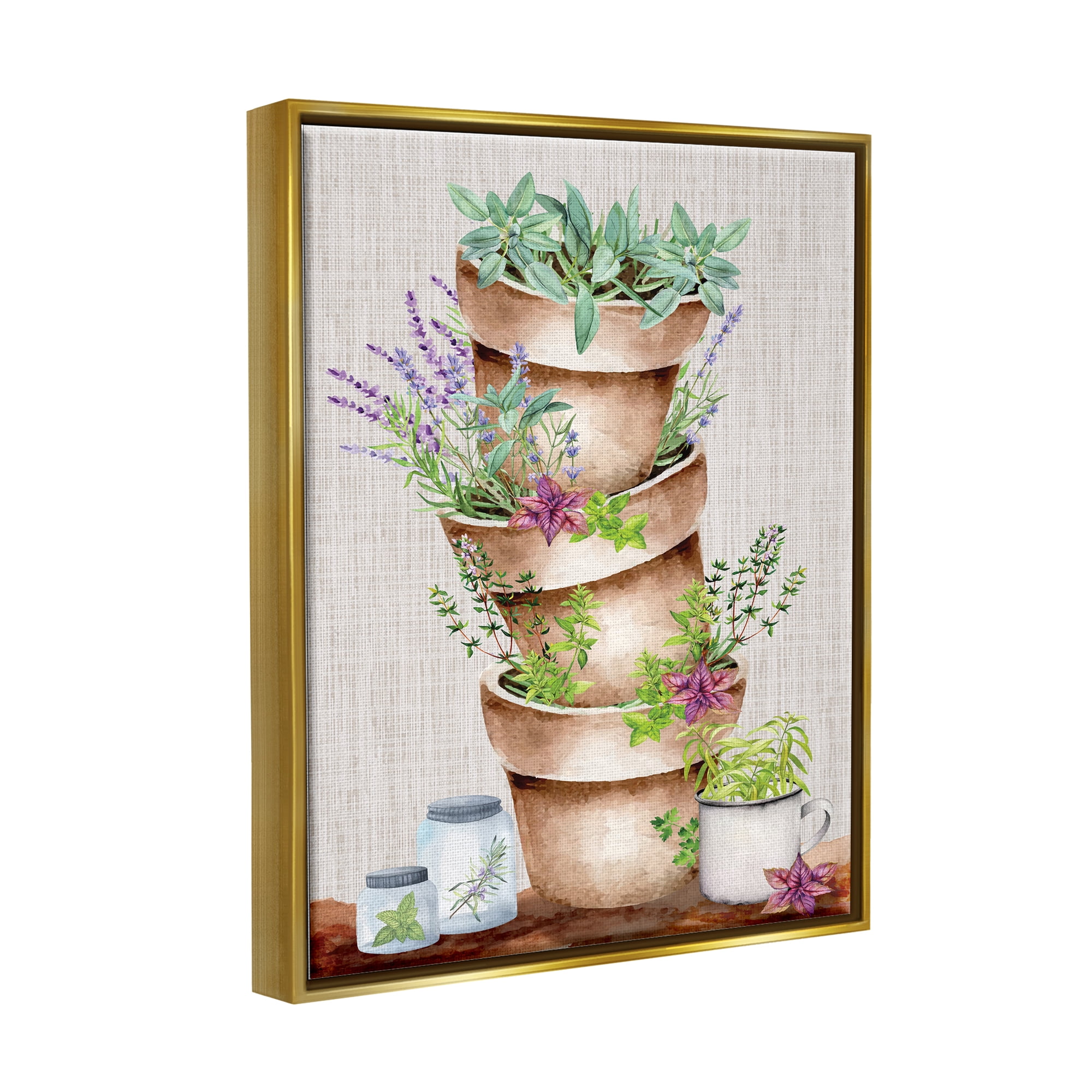 Stupell Stacked Potted Herbs Garden Botanical & Floral Painting Gold Floater Framed Art Print Wall Art