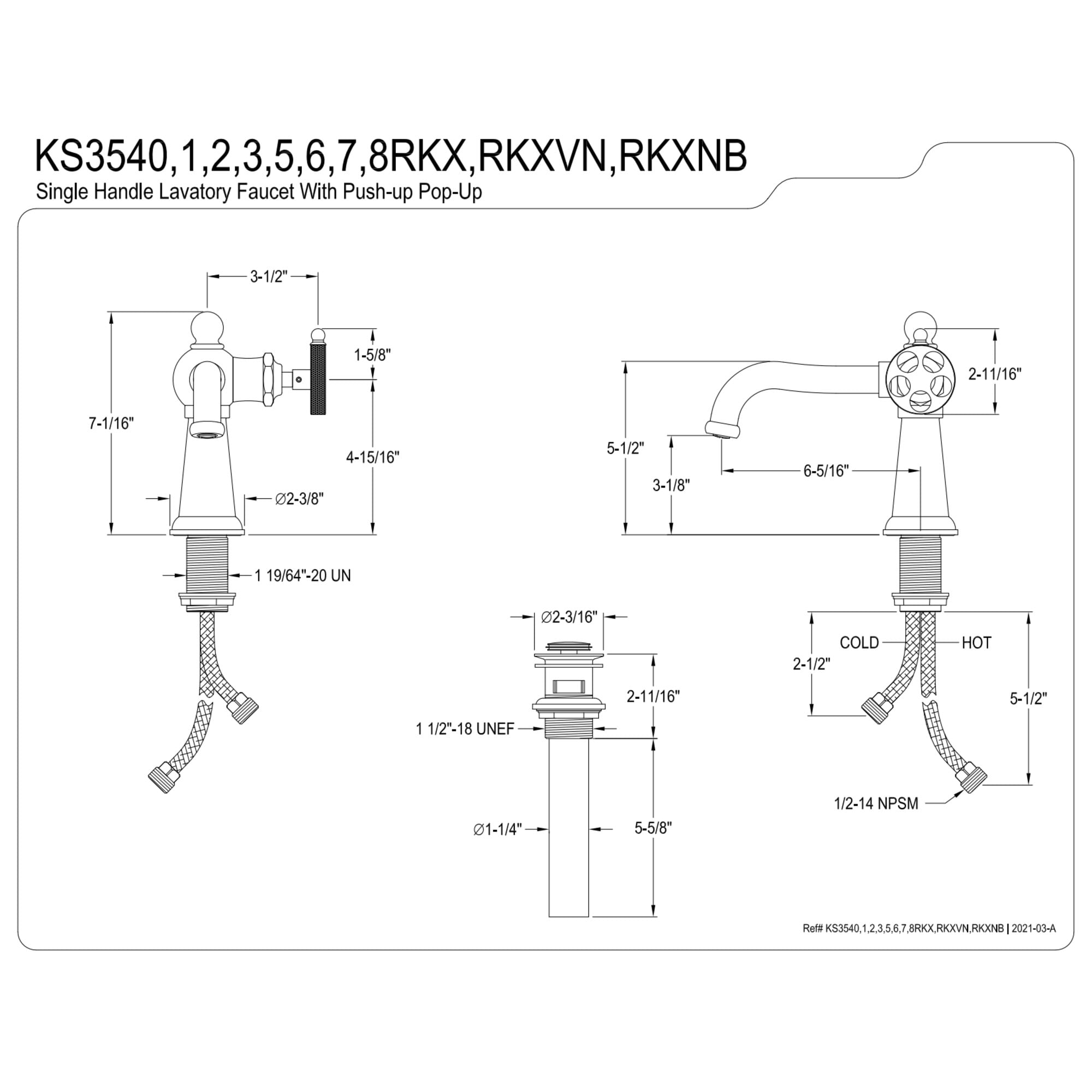 Kingston Brass KS3548RKX Webb One-Handle Single-Hole Bathroom Faucet with Knurled Handle and Push Pop-Up Drain, Brushed Nickel