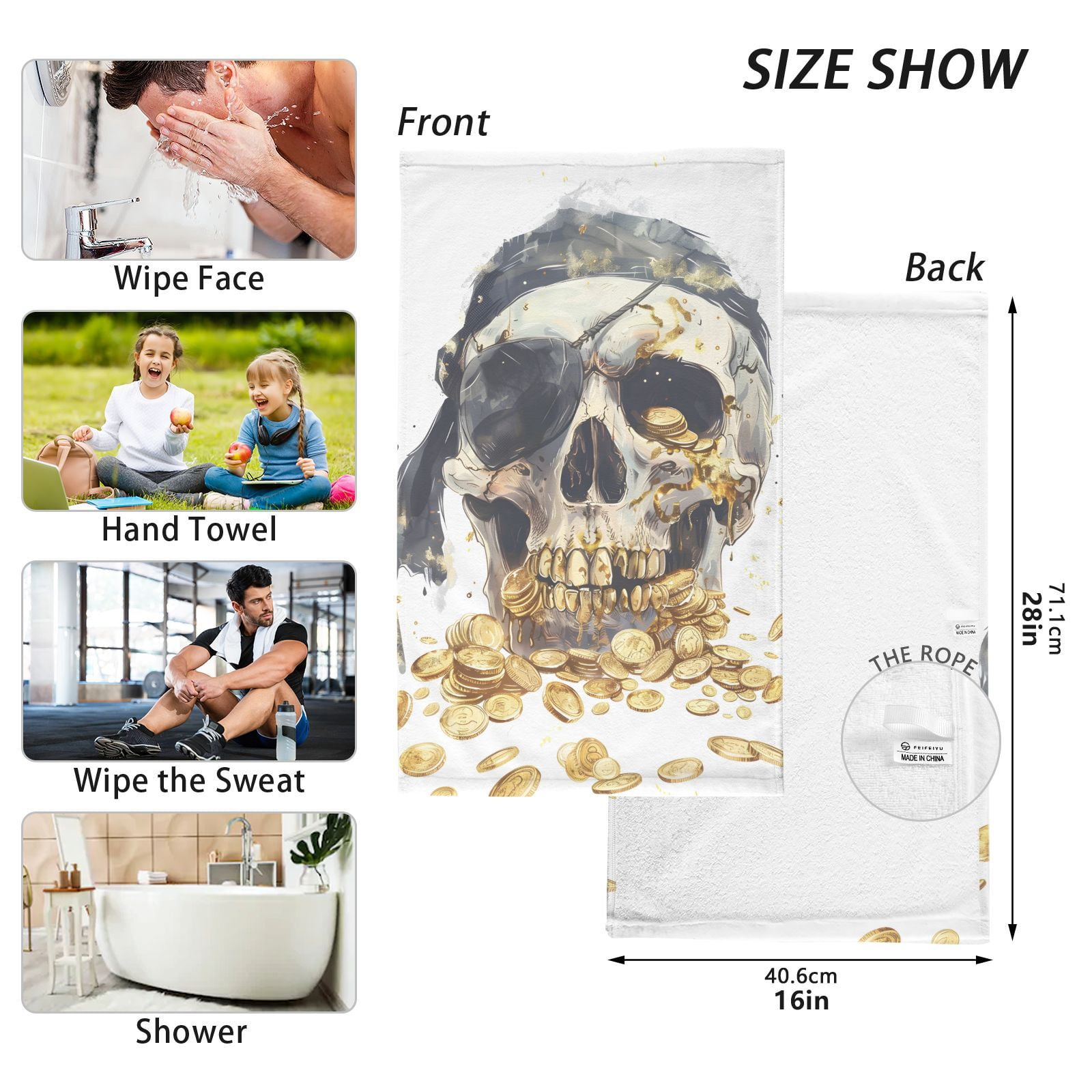 Skull Eye Patch Gold Coins Hand Towels Cotton Bath Towels Large Face Towels Absorbent for Bathroom 2 Packs