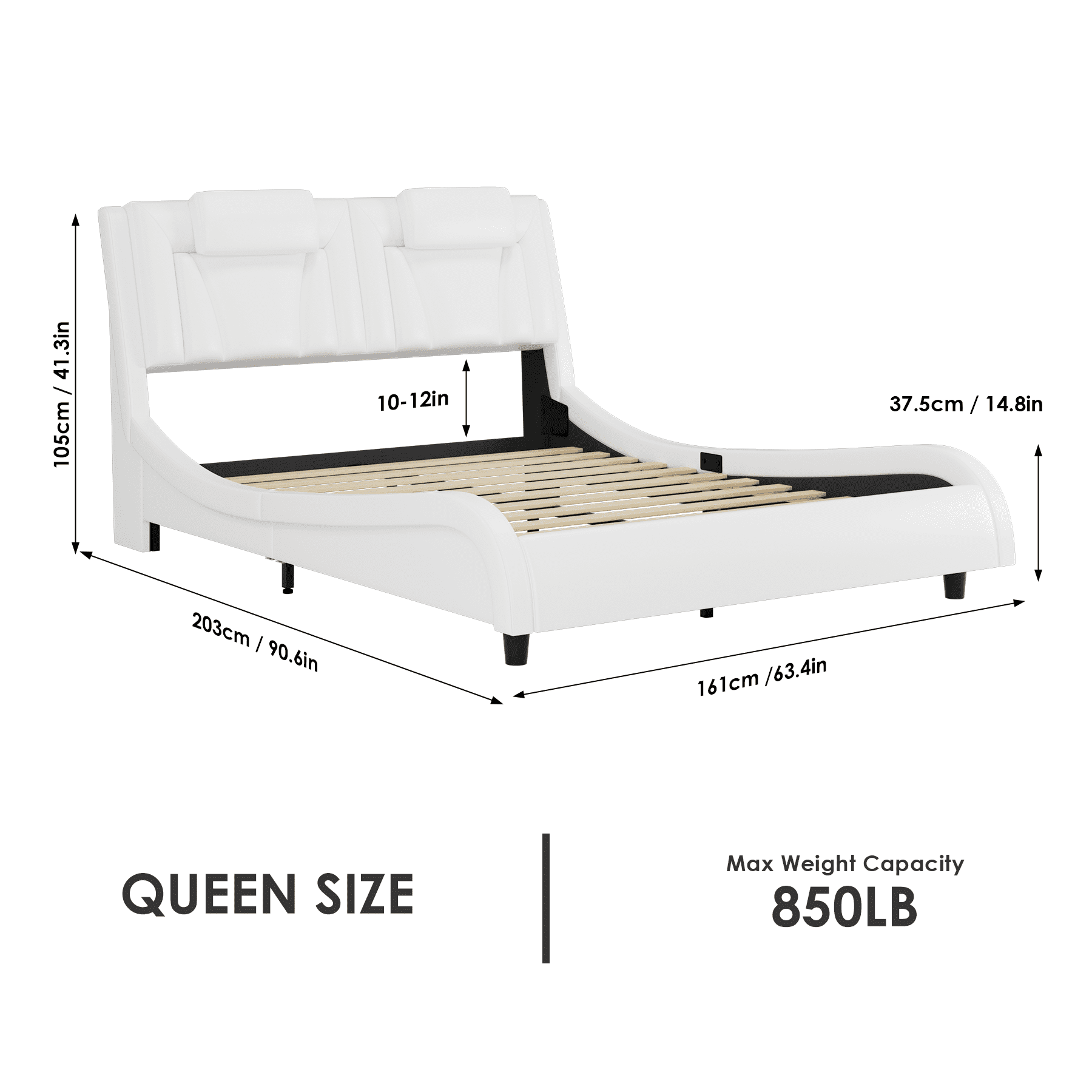 Homfa Queen Bed Frame with Adjustable LED Headboard, PU Leather Curved Upholstered Platform Bed Frame, White