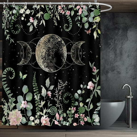 Moon Phase Shower Curtain Set Gothic Flower Eucalyptus Leaves Bathroom Curtain Celestial Decor Waterproof Fabric Shower Curtain with 12 Hooks 72x72 Inches