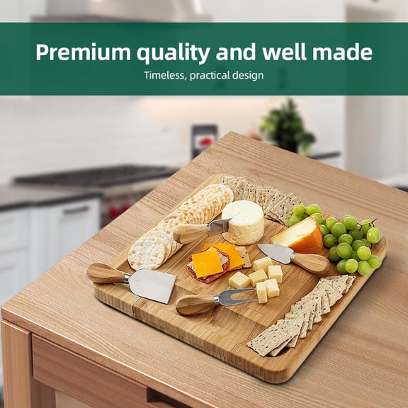 LAZIOEGR Premium Bamboo Charcuterie Set – 13” Square Board with 4 Cheese Knives, Hidden Utensil Drawer, Multi‑Section Storage for Party & Gift