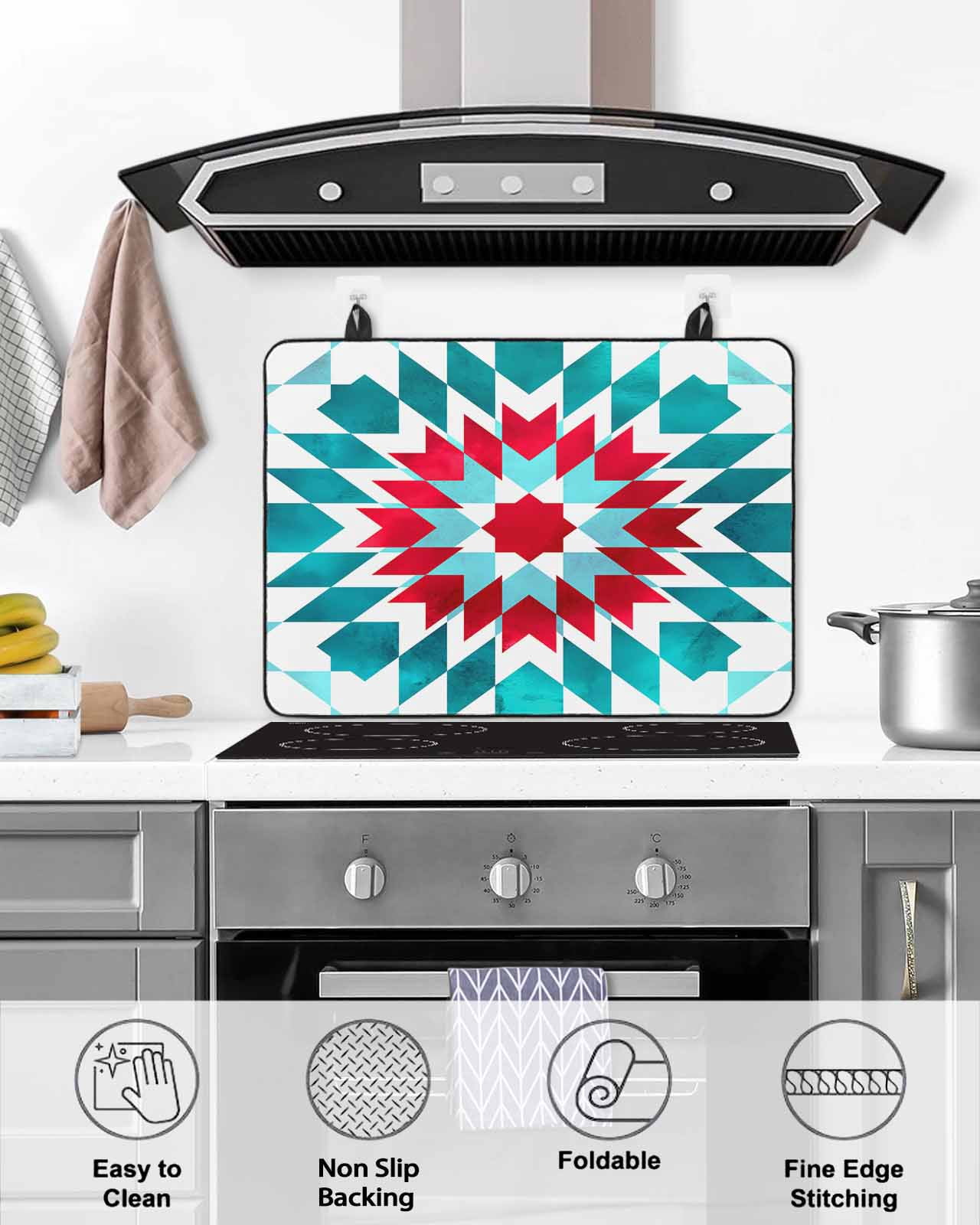 nqOlkjepod Large Induction Cooktop Protector Mat 24"x21", Red Turquoise Boho Stove Top Covers for Electric Stove, Ethnic Tribal Aztec Abstract Geometric Stove Burner Cover Mats Stove Cover