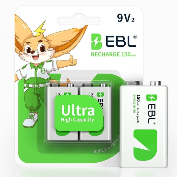 EBL 9V Rechargeable Batteries NiMH Everyday 150mAh 9V Battery for Household and Office Devices , 2-Packs