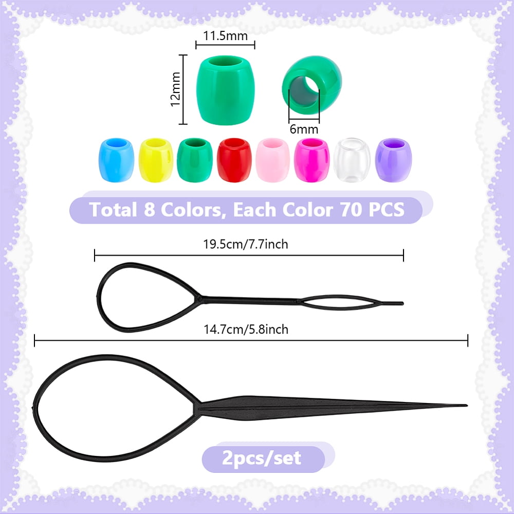 560Pcs 8 Colors Plastic Beads Large Hole Beads Barrel with 1Set Plastic Hair Braiding Tool Mixed Color 12x11.5mm Hole: 6mm