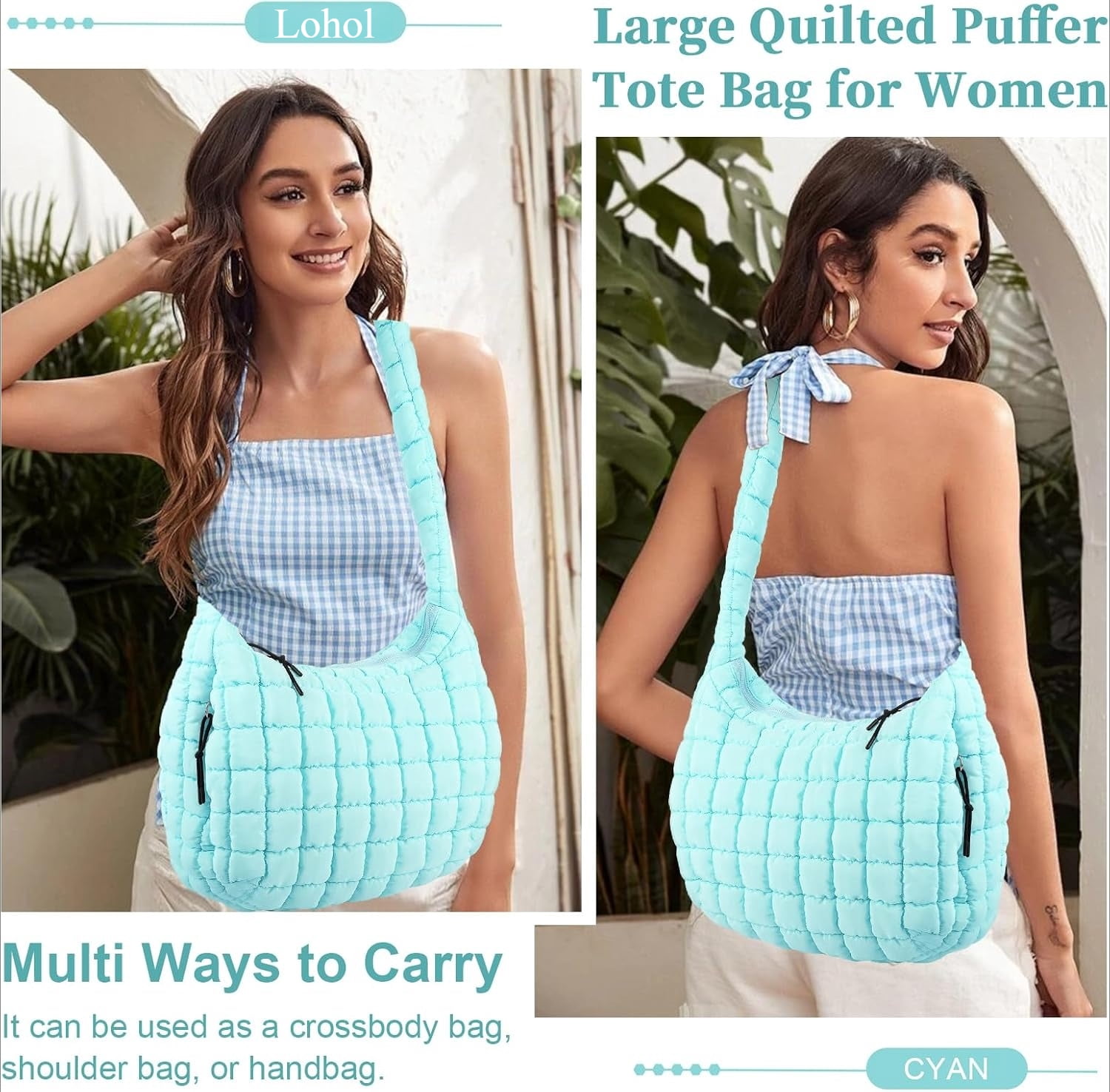 Lohol Quilted Puffer Tote Bag for Women - Large Crossbody Bag, Lightweight Nylon Puffy Carryall Hobo Puff Shoulder Bag(Cyan)