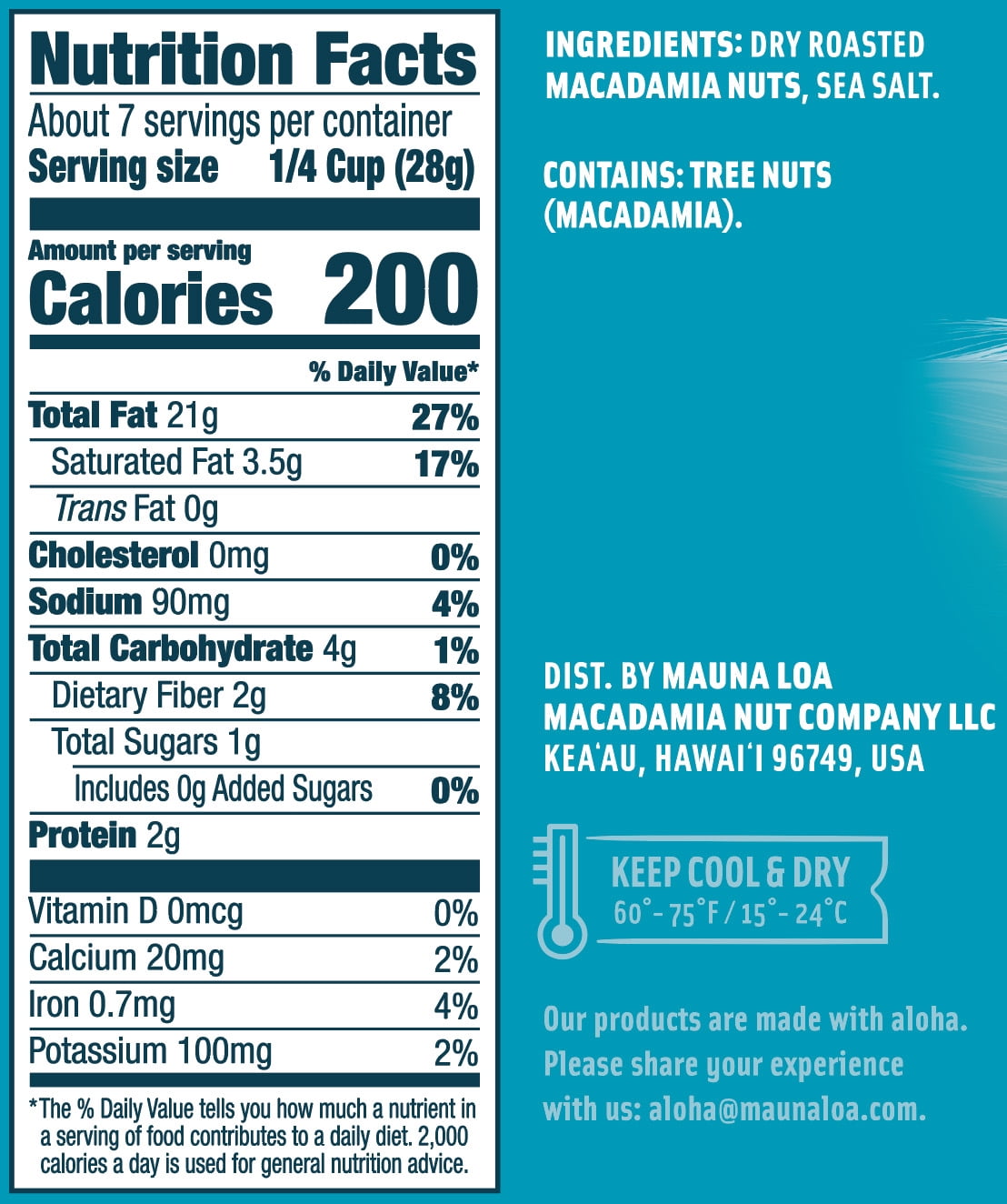 Mauna Loa Sea Salt 100% Hawaiian Grown Macadamia Nuts 7oz Bag