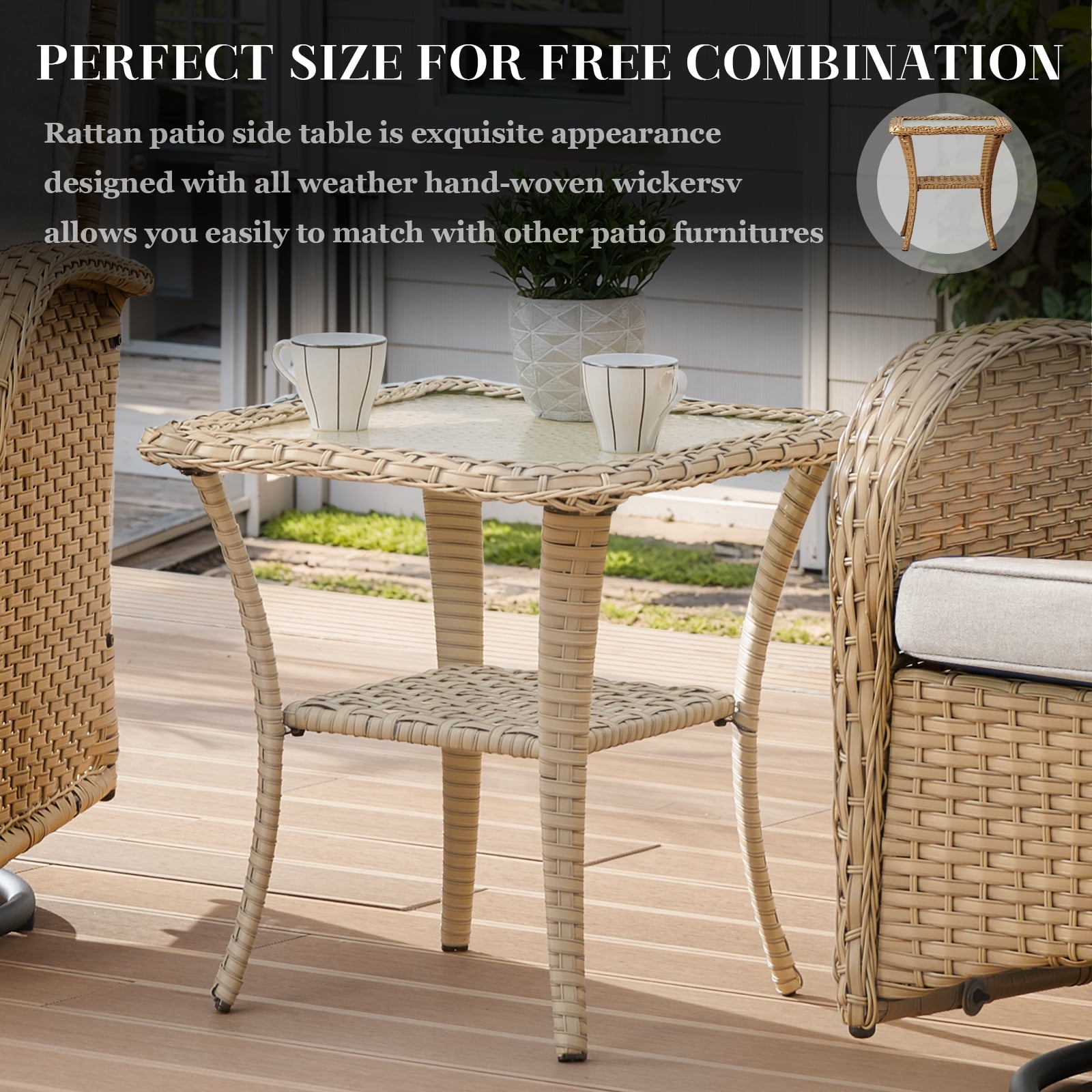 PARKWELL 3 Pieces Outdoor Swivel Gliders Rocker Set,High Back Wicker Patio Chairs with Side Table,Yellow Rattan Deep Seating Furniture with Non-Slip Beige Cushion for Porch Deck Backyard