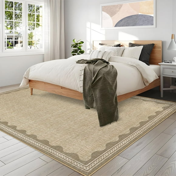 YUSAZENS Modern Area Rug 9x12 Washable Low Pile Non-Slip Solid Carpet with Border for Bedroom Living Room Office Linen