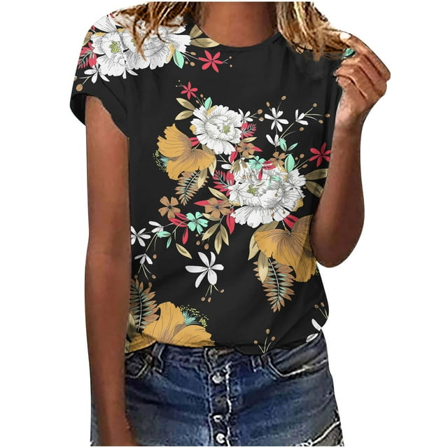 LMKIHUSA Chemises pour Femmes Élégantes Décontractées Été 2025 Manches Courtes Col Rond Hauts Amples Tunique Imprimé Floral Noir,m