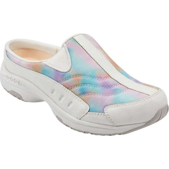 Women's Easy Spirit Traveltime Clog Bright White Leather/Peach Watercolor Tie Dye 9 WW