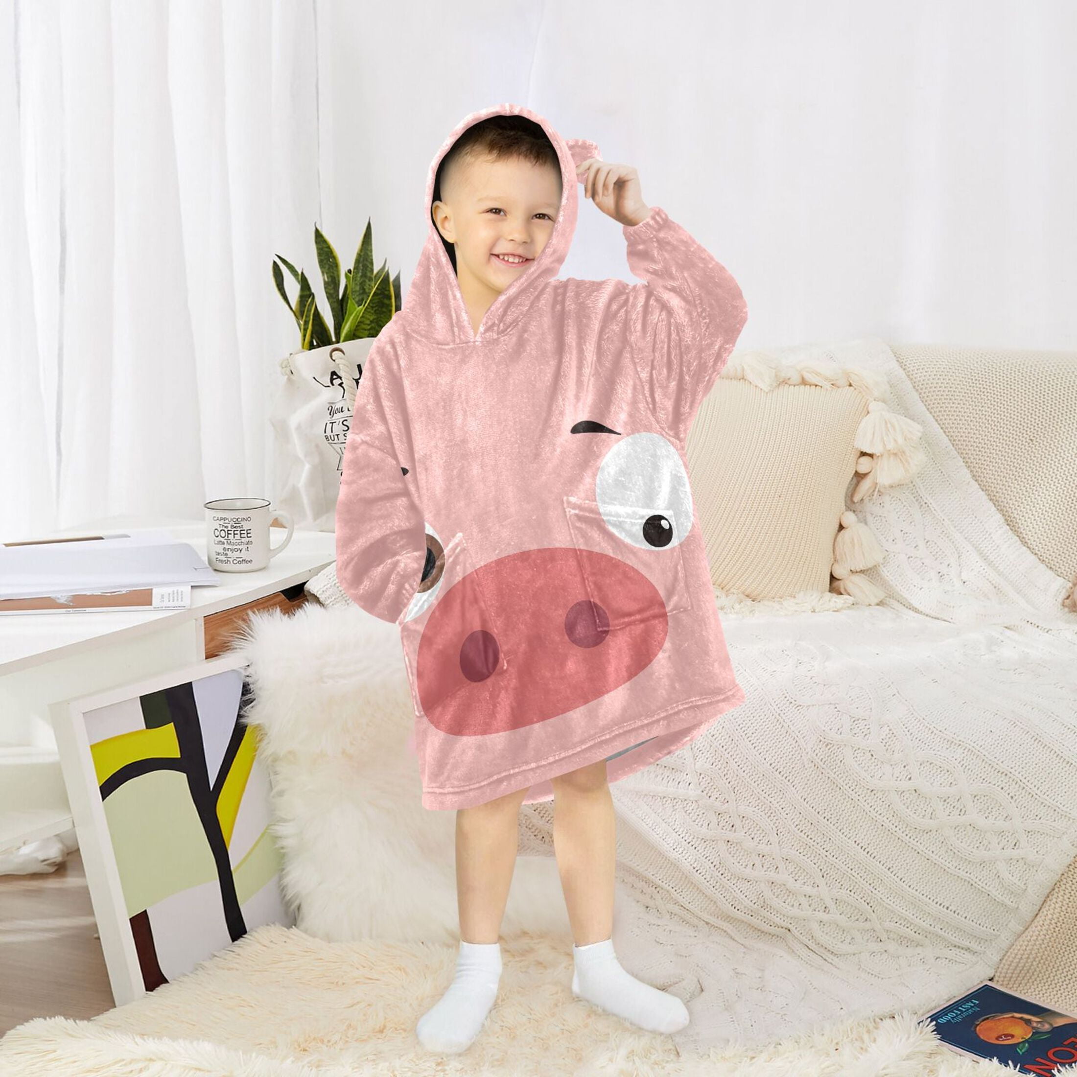 joogoo Wearable Blanket Hoodie Funny Pig Face for Flannel Sherpa Pocket 3-14 YR L