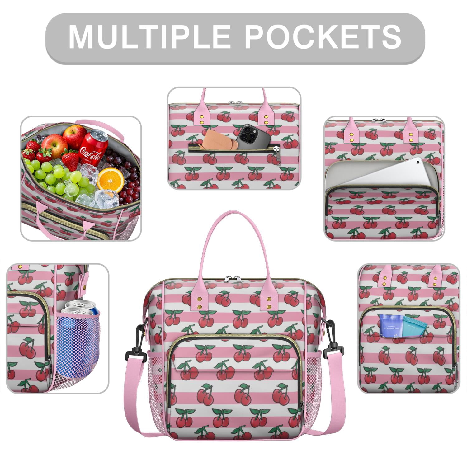 Cherry Print Reusable Lunch Tote Waterproof Leakproof Large Lunch Box Dual Insulated with Adjustable Strap & Multi pockets Perfect for Office & Outdoor Use