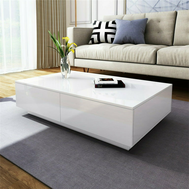 Hommpa LED Coffee Table Center Table High Gloss Modern Coffee Table Sofa  Side Tea Cocktail Tables with Drawer Open Shelf for Living Room White