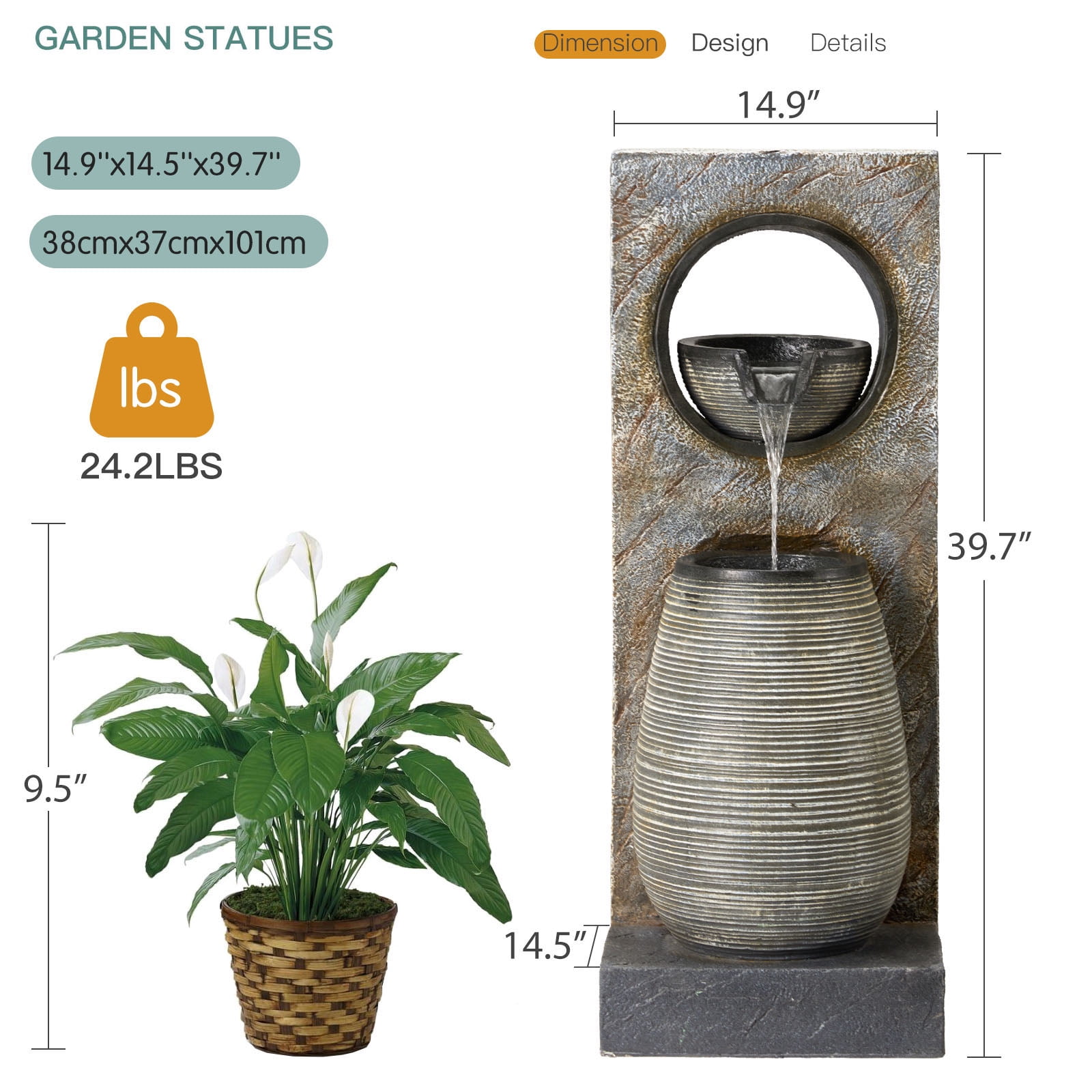 Erinnyees 39.7" Modern Outdoor Fountain with LED Lights - Freestanding Garden & Yard Decor