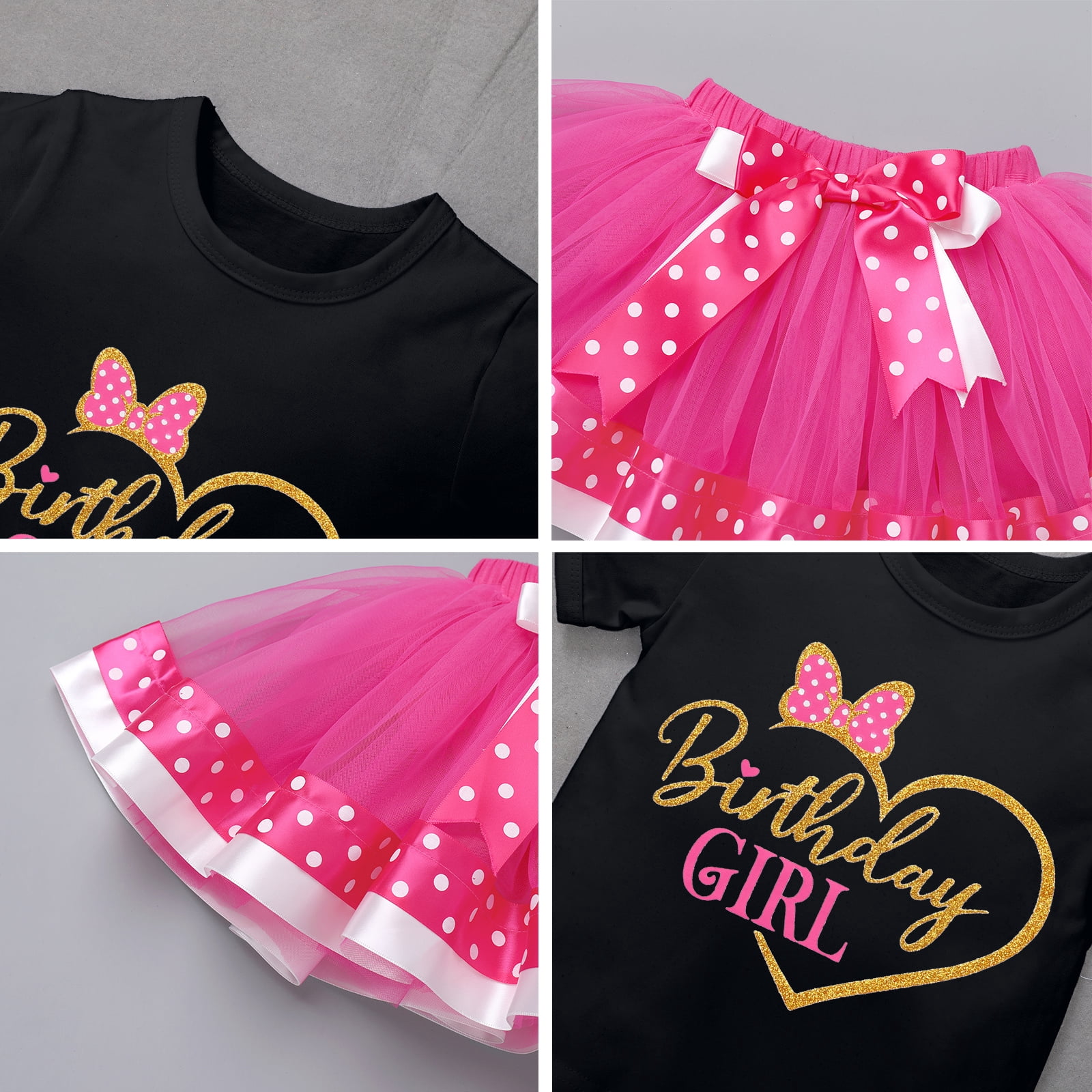IBTOM CASTLE Toddler Girls Birthday Outfit Polka Dots Tops Tutu Skirt Mouse Ears Headband for Cake Smash Photo Shoot 5 Years Black + Hot Pink - Love Heart