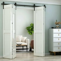 4.3Ft Bi-Folding Sliding Barn Door Hardware Kit for 4 Doors,Carbon Steel Track J Shape Roller, Black