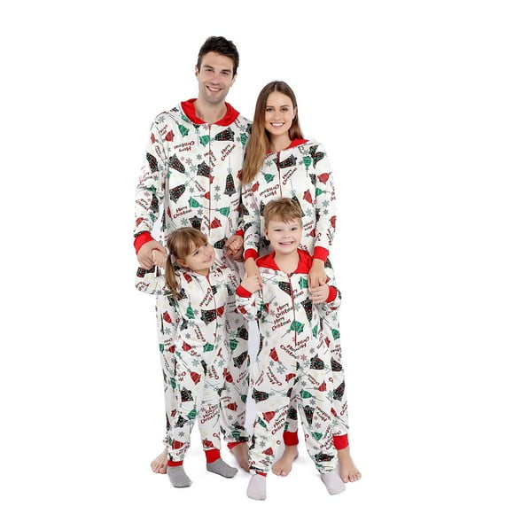 ANGELGGH Family Matching Christmas Onesie Pajamas Vacation Cute Printed One Piece Pajamas Xmas Hooded Holiday Sleepwear (Women S White-jingling Bell)
