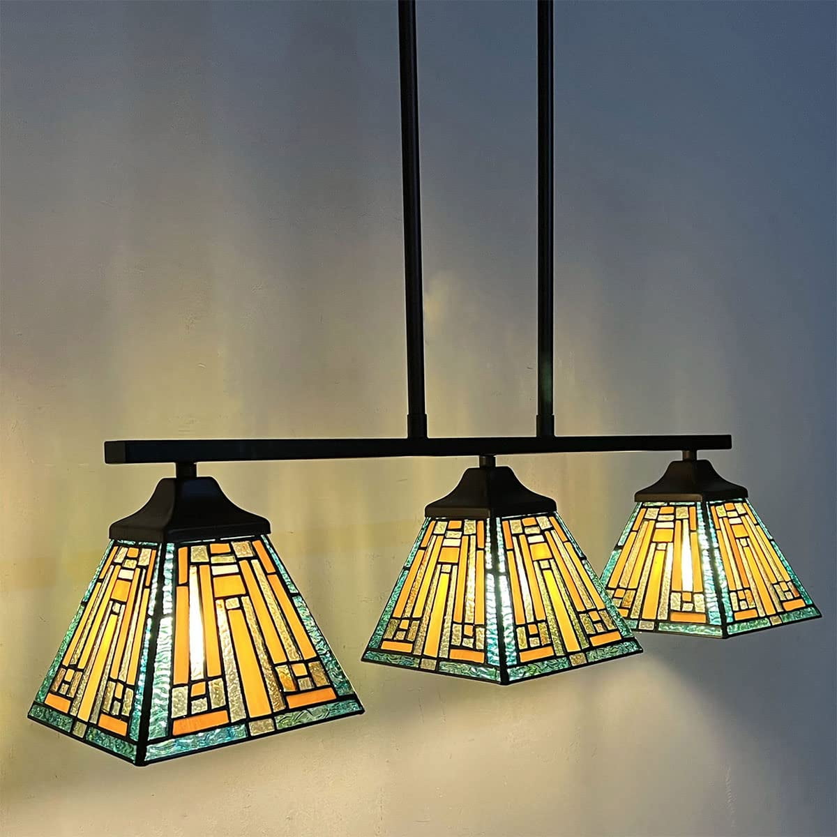 Tiffany Pendant Lighting Fixture, 7" Mission Style Stained Glass
