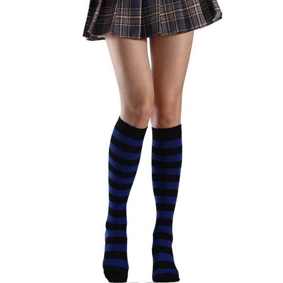 spellwife 1 Pair Striped Knee-high Rainbow Socks Breathability Heart Comfortable Warm Easy-matching Fad Appearance Non Slip Stockings Blue balck striped