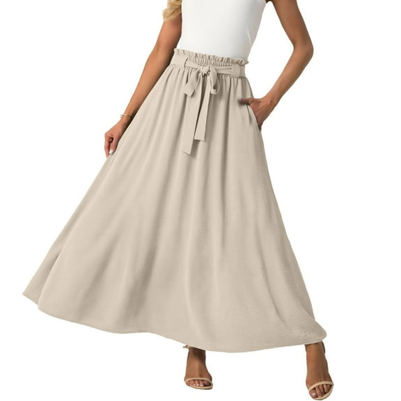 Abomasnow Womens Maxi Skirt Basic Elastic High Waisted A-Line Long Skirt Casual Tie Front Flowy Palazzo Skilts S-2XL