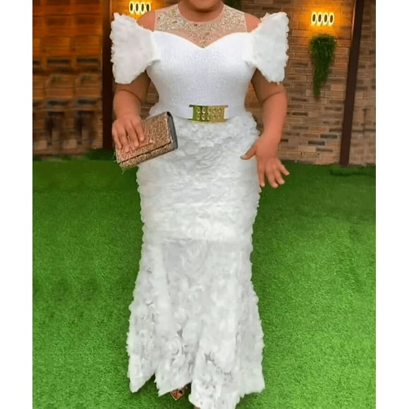 Plus Size Evening Dresses for Women African Luxury Sequin Gown Elegant Turkey Wedding Party Long Dress Ankara Ladies Clothing - White / L