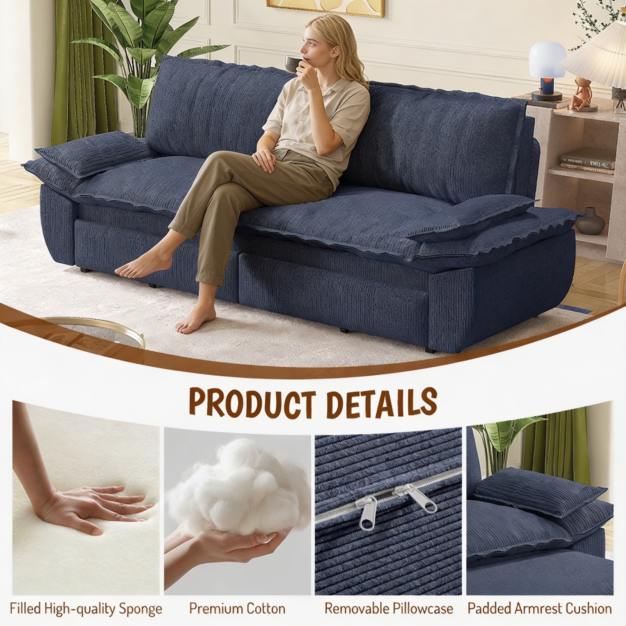 Multi-Functional Corduroy Convertible 3-in-1 Sofa Bed, Queen Size Loveseat Sleeper Couch, Light Blue
