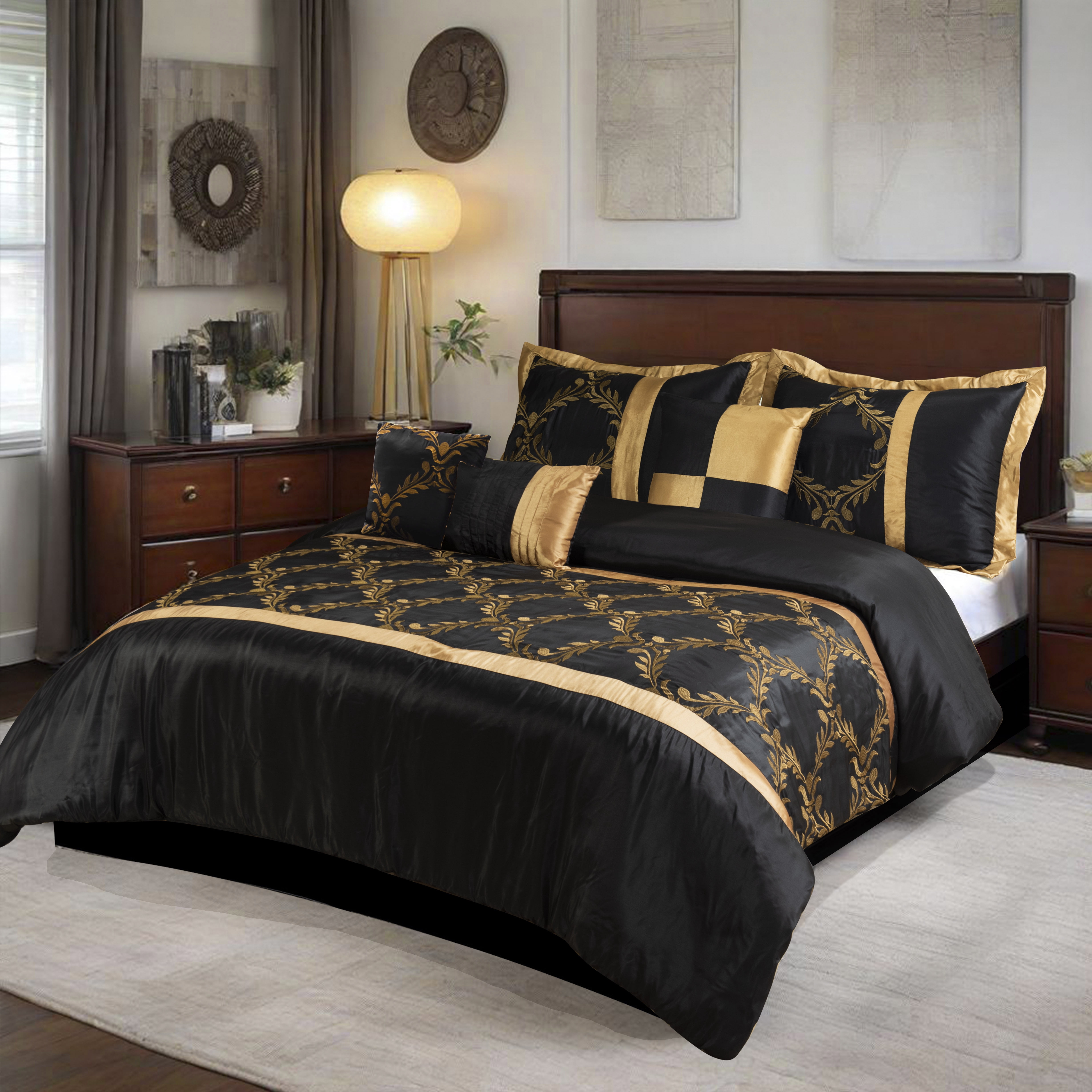 Foliage Embroidery 7-Piece Comforter Set in Black & Gold, Includes Bed Skirt - King Size Luxury Bedding