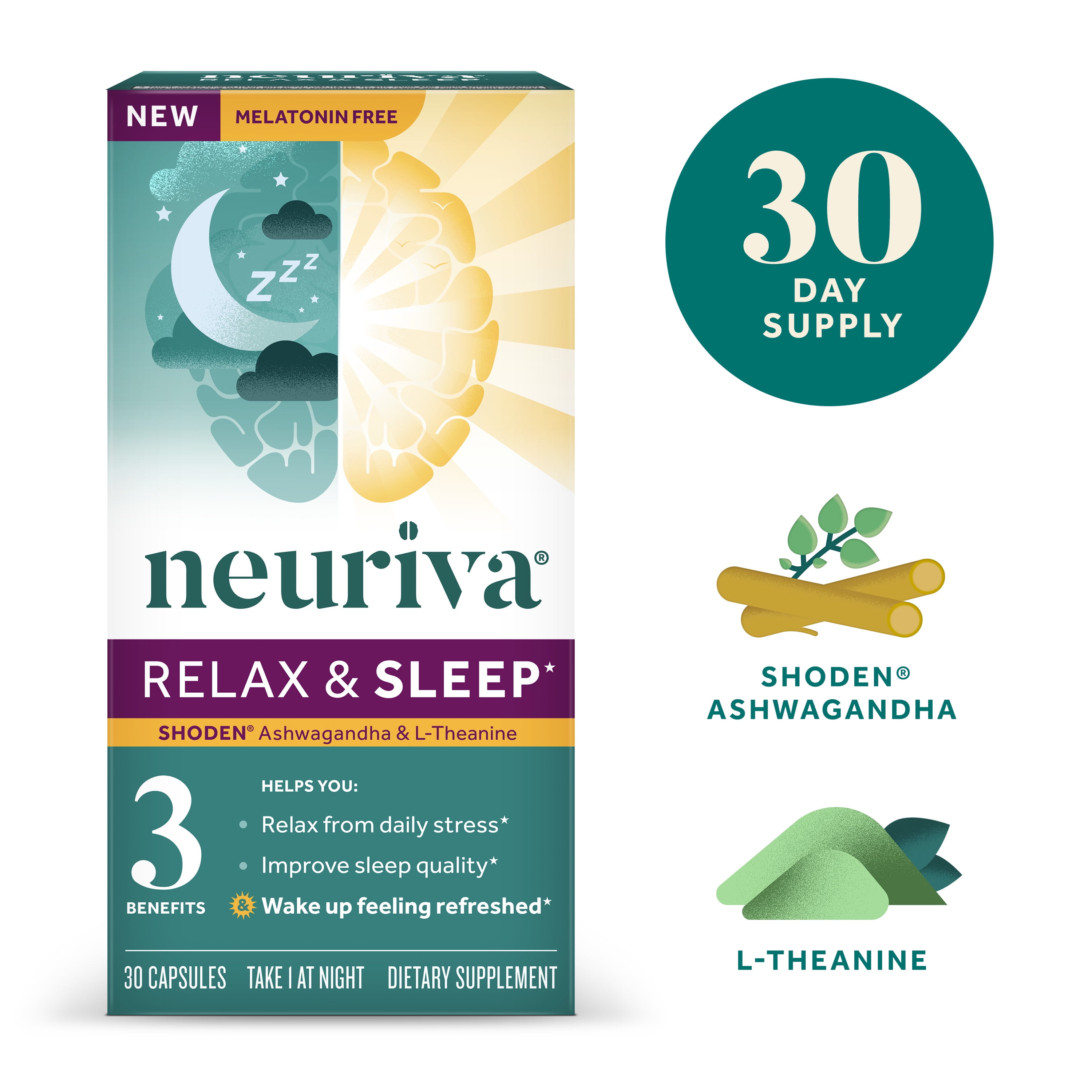 L-Theanine & Ashwagandha Sleep Support Supplement - Neuriva Relax & Sleep (30 count), Nightly Sleep Support Supplement, Clinically Tested Ashwagandha