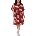 thumbnail image 2 of Agnes Orinda Women's Plus Size Satin Nightgown Floral Print Round Neck Short Sleeve Lounge Midi Sleepwear 2X Red, 2 of 6
