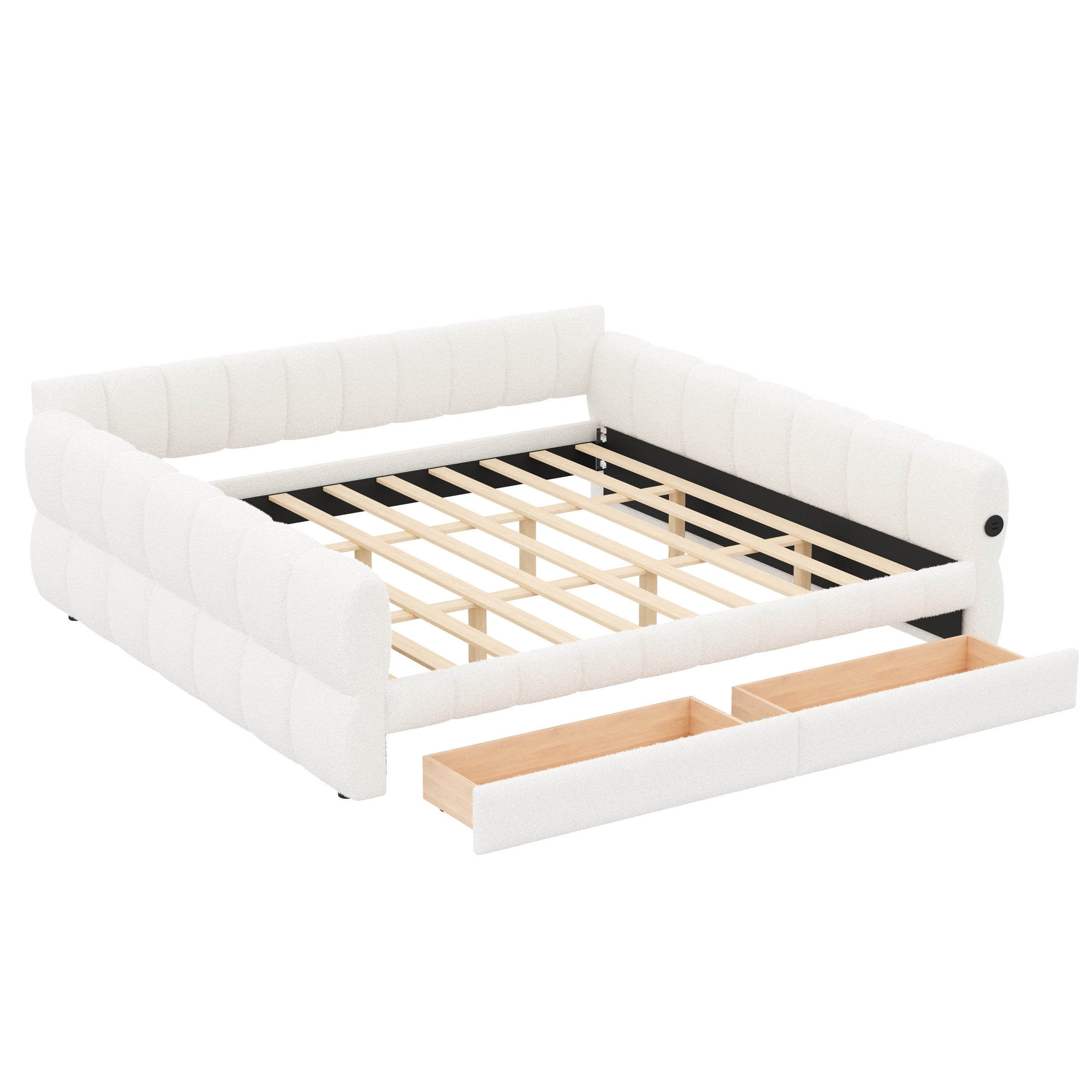 Noble House Cornelius King Size Upholstered Platform Bed, Lambswool Bed Frame with USB Port and Storage Drawers, White