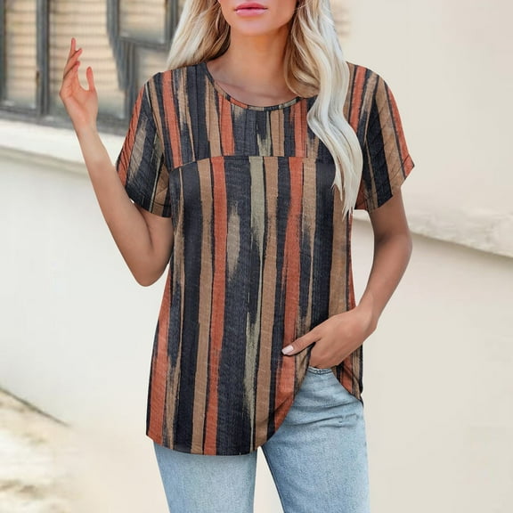 Bovemsi Womens T Shirts Casual Summer Tops Pleated Crewneck Short Sleeve Blouses Trendy Beach Vacation Clothes, Bronze Women's Summer Short Sleeve T-Shirts, L