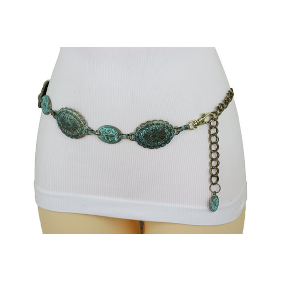 Women Antique Vintage Gold Metal Chain Ethnic Charms Belt Turquoise S M