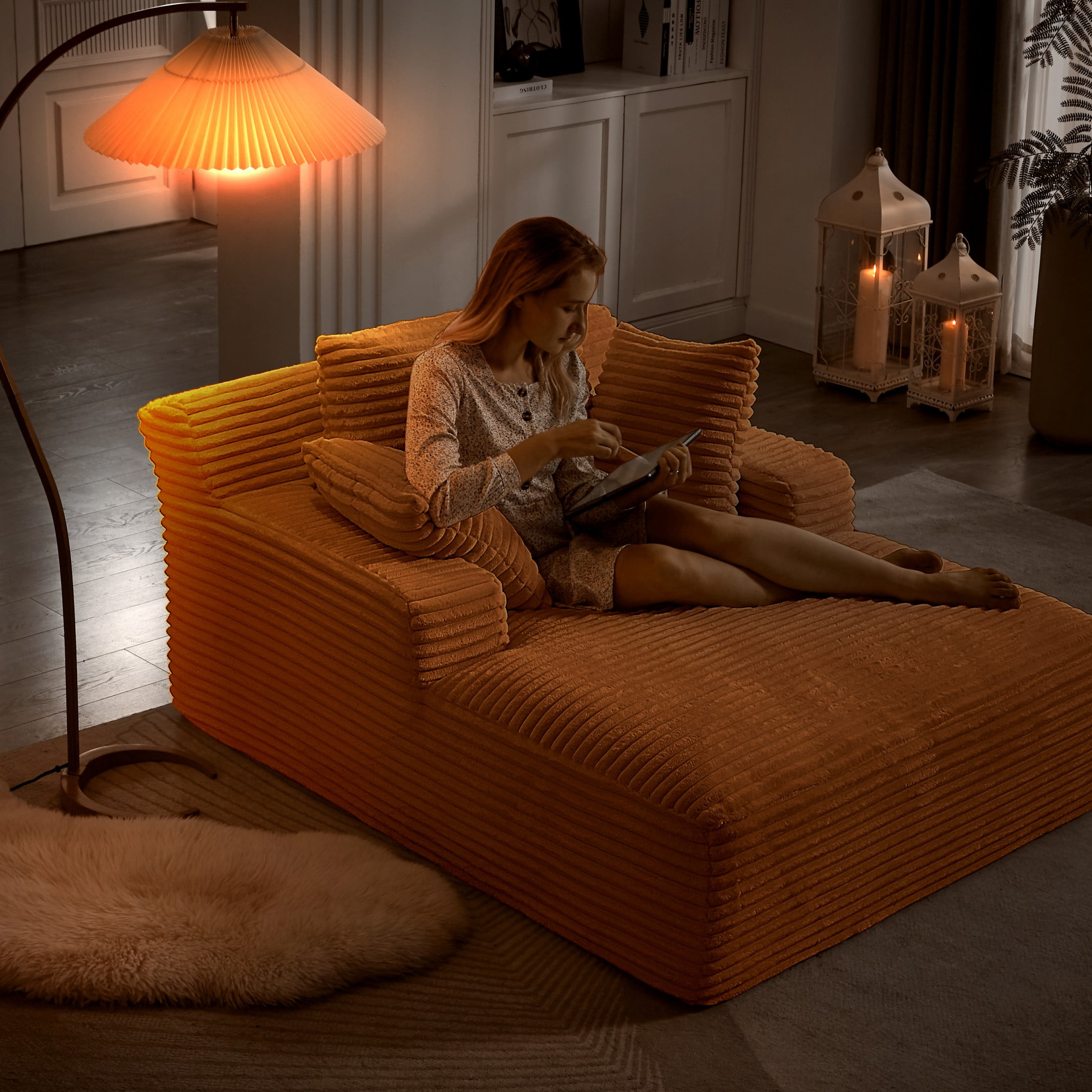 Aukfa Oversized Chaise Lounge Sofa Bed, Corduroy Upholstered Sleeper Chair, Boneless Deep-Seat Couch, Orange