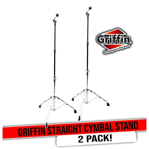 Griffin Straight Cymbal Stand (2 Pack) - Double Braced Legs, Slip-Proof Gear Holder Light-Duty for Mobile Drummers Percussion Drum Hardware Set for Mounting Crash, Ride & Splash Cymbals