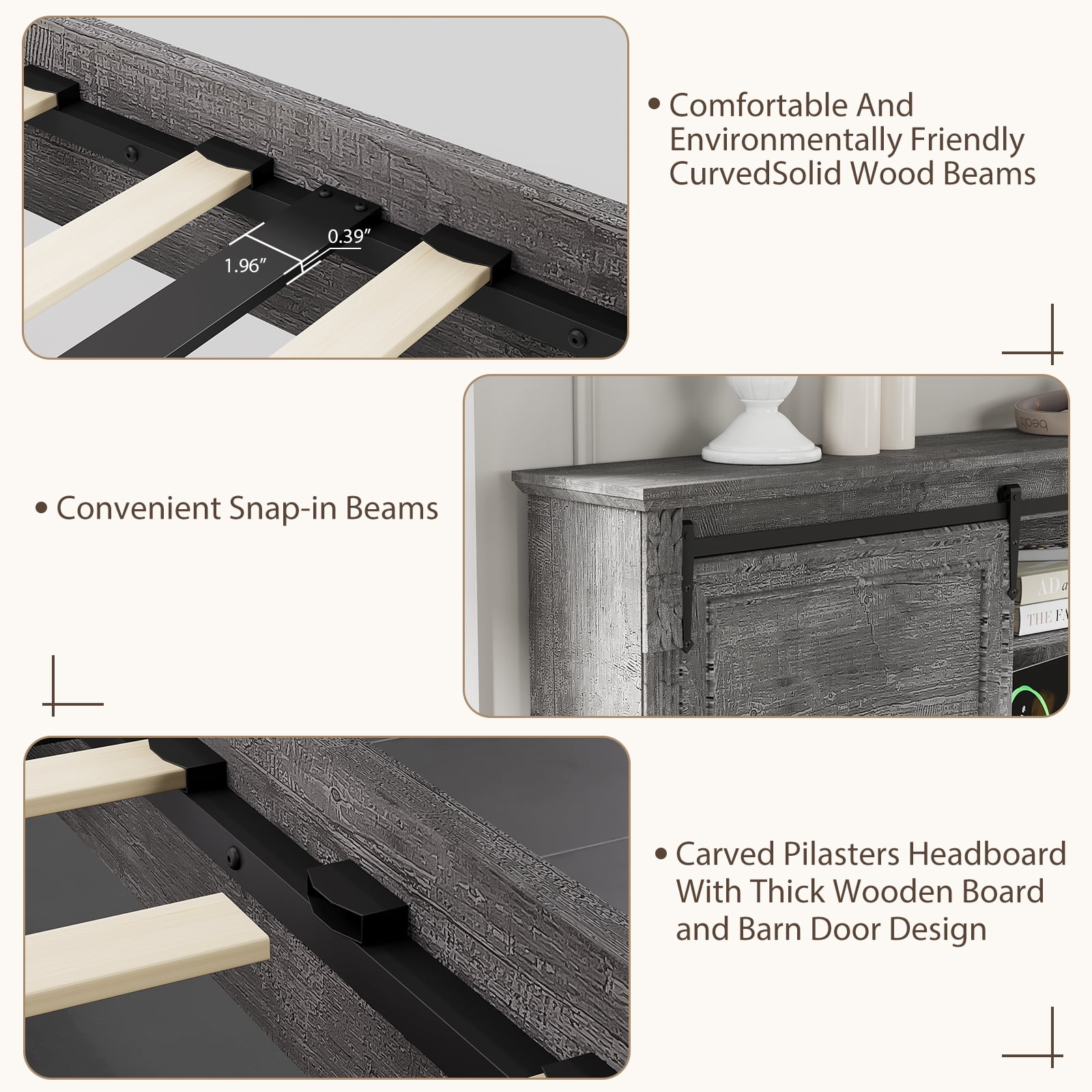 BOSHIRO Queen Size Bed Frame with Charging Station, Farmhouse Headboard with Sliding Barn Doors and Storage, Platform Design with Bracket Footboard, Noiseless, No Box Spring Required, Grey